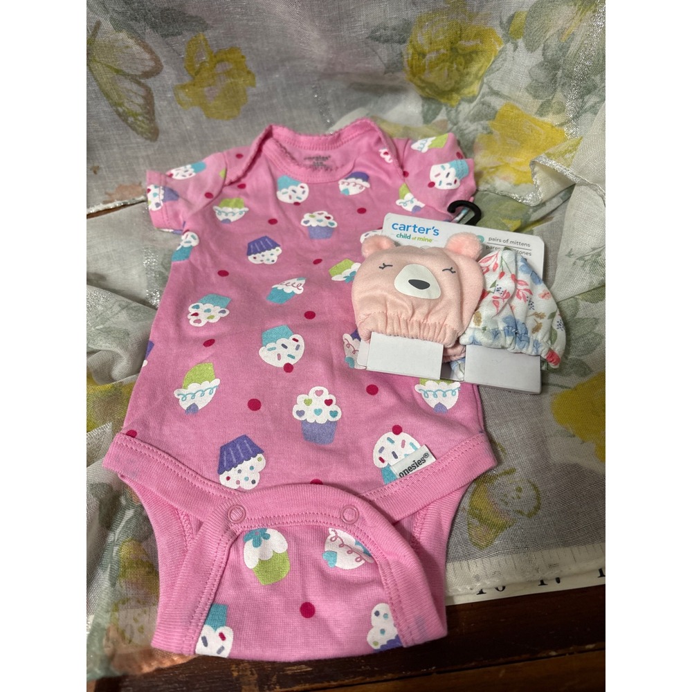 Onesies Brand Pink Cupcake Bodysuit and Carters Bear Floral Mittens Set 0-3M NEW